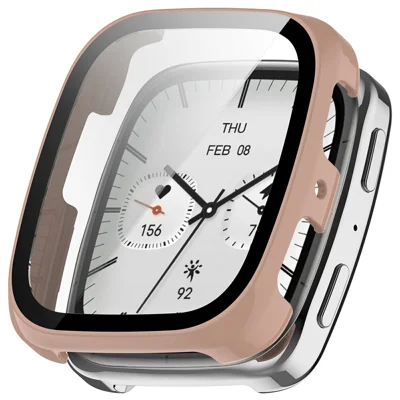 For Huami Amazfit Active 2 Square Hard PC Watch Case with Tempered Glass Screen Film - Pink