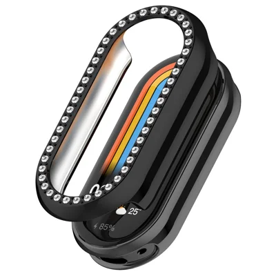 غطاء ساعة من السيراميك لأجهزة Xiaomi Smart Band 10 / 9 / 8، غطاء ساعة شفاف مطلي بالكهرماء مزينة بحصى الراين - أسود