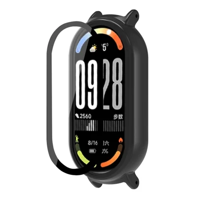 غطاء خزفي لساعة Xiaomi Smart Band 10، غطاء من البولي كربونات مع فيلم شاشة من الزجاج المقوى - أسود