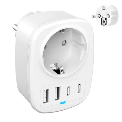 5 in 1 20W EU Plug Travel Adapter 1 AC Port + 2 USB-C + 2 USB-A Socket Converter