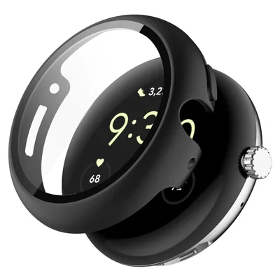For Google Pixel Watch 4 41mm Case Hard PC Watch Protective Cover with Tempered Glass Film - Black