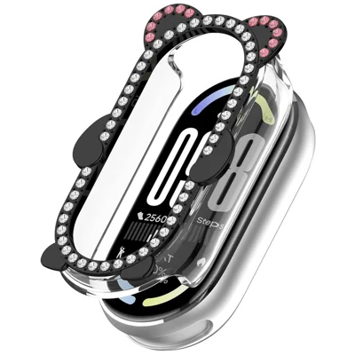 Watch Case For Xiaomi Smart Band 10 Ceramic  /  9 Ceramic  /  8  /  8 NFC Rhinestones Bear Design PC Zinc Alloy Semi-Enclosed Hollow Protective Cover - Transparent Black