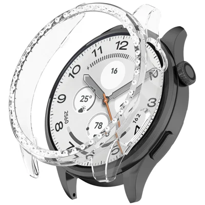Für Xiaomi Watch 5 Hülle mit Strassstein-Dekor, transparenter PC-Uhrrahmen, halbe Abdeckung – Transparent
