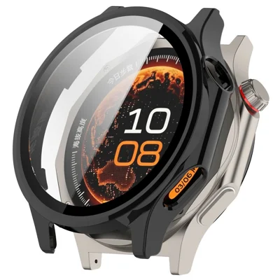 For Oppo Watch X3 / OnePlus Watch 4 Case Hard PC Watch Protective Cover with Tempered Glass Film - Black