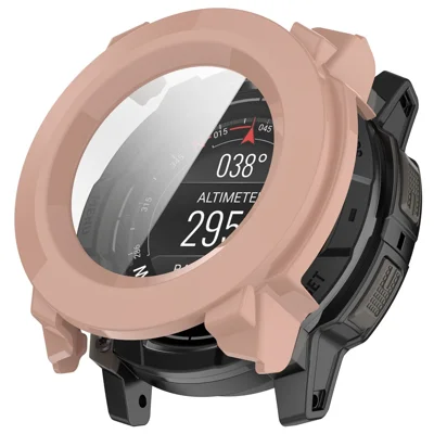 For Garmin Instinct 3 AMOLED 45mm / Instinct 3 Solar 45mm Protective Case with Tempered Glass Screen Protector PC Watch Cover - Pink