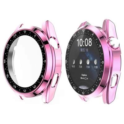 Scale Design Smart Watch Electroplated PC Frame Case with Tempered Glass Screen Protector for Huawei Watch 3 - Pink