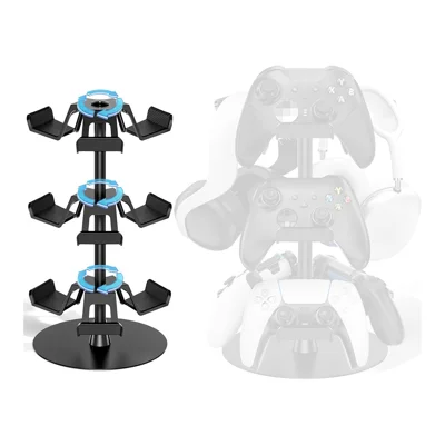 8002 3-Tier Game Controller Stand for Xbox  /  PS5  /  Nintendo Switch 360 Degree Rotating Multi-Functional Gaming Controller & Headphone Holder - Black