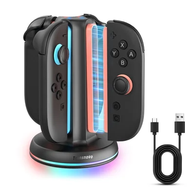 TRANSNOVO S73-002 4-in-1 Charging Dock for Nintendo Switch 2 Joy-Con Controllers RGB LED Touch Control Type-C Fast Charging Station - Black