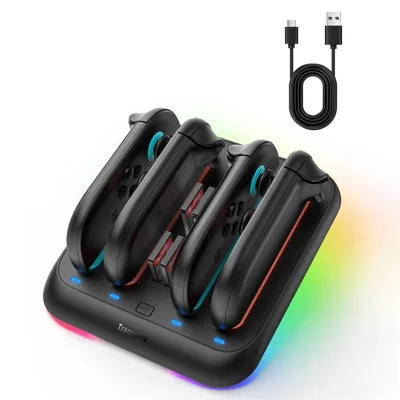 TRANSNOVO S73-004 4-in-1 Charging Dock for Nintendo Switch 2 Joy-Con Controllers RGB LED Magnetic Game Card Storage Charging Station - Black