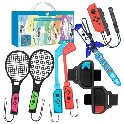 JYS NS236 للعبة Nintendo Switch مجموعة إكسسوارات رياضية متكاملة تشمل مضارب تنس، عصي غولف، مقبض سيف، أحزمة للساق والمعصم - مجموعة واحدة تضم 9 قطع
