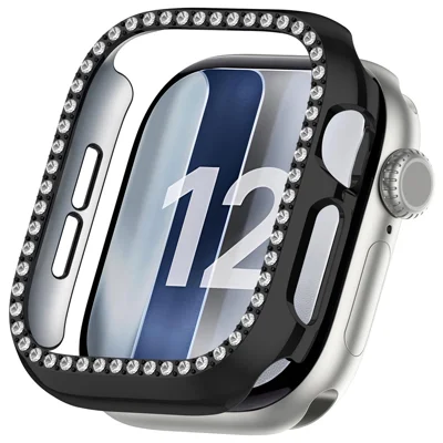 For Apple Watch Series 12 42mm PC Watch Case with Rhinestone Decor Hollow Semi-Enclosed Smartwatch Protective Cover - Electroplated Black