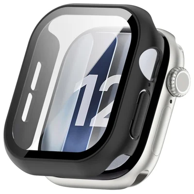 Funda protectora dura de PC para Apple Watch Series 12 de 47 mm con película de vidrio templado - Negro electrolítico