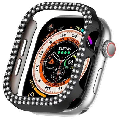 For Apple Watch Series 12 46mm Watch Case Rhinestone Decor PC Hollow Design Protective Frame - Black