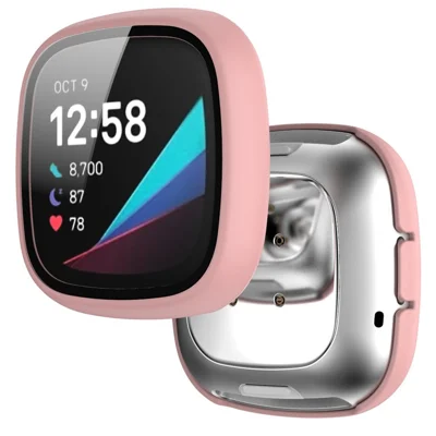 For Fitbit Versa 3/Sense Anti-Scratch Matte Hard PC Case with Tempered Glass Screen Protector Wear-Resistant Smart Watch Cover - Pink