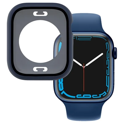 For Apple Watch Series 9 / 8 / 7 45mm Anti-scratch Tempered Glass Screen Protector Waterproof PC Watch Case with Back Cover - Dark Blue