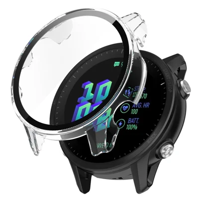 For Garmin Forerunner 955 Full Protection Hard PC Watch Case Cover with Tempered Glass Screen Protector - Transparent