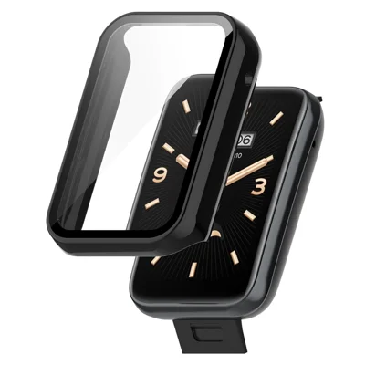 For Xiaomi Mi Band 7 Pro Hard PC Case with HD Clear Tempered Glass Film Anti-Scratch Protective Cover - Black