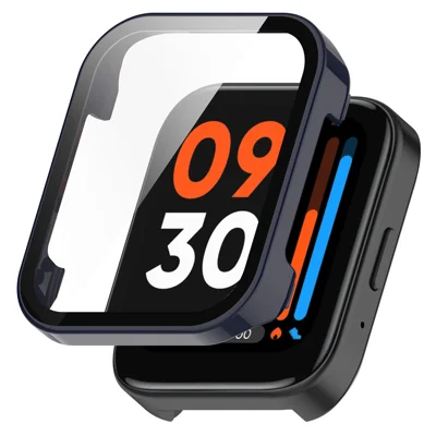 For Realme Watch 3 Hard PC Case with Tempered Glass Screen Protector HD Clear All Around Coverage Protective Cover - Ink Blue