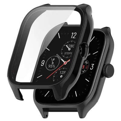 For Huami Amazfit GTS 4 Hard PC Case with Tempered Glass Screen Protector Scratch Resistant Overall Protective Cover - Black