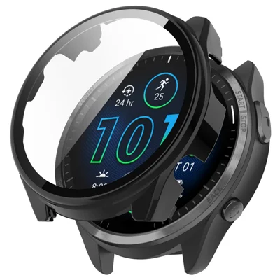 For Garmin Forerunner 965 Hard PC Watch Case Protective Frame with HD Tempered Glass Film - Black