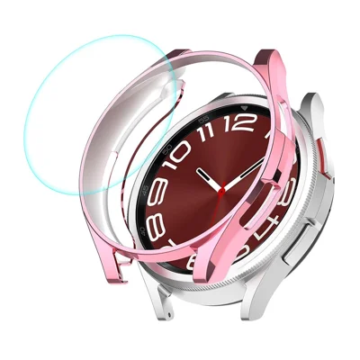 ENKAY HAT PRINCE For Samsung Galaxy Watch6 Classic 47mm Half-Cover Watch Case Electroplating TPU Frame with 0.2mm 9H Tempered Glass Screen Film - Pink
