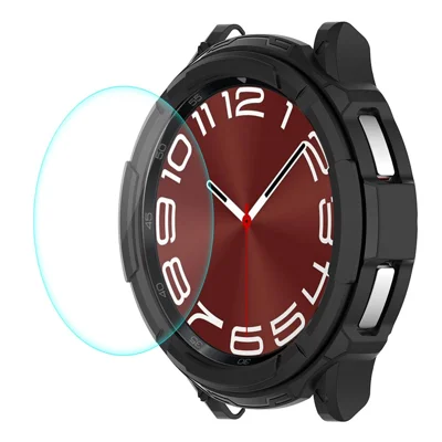 ENKAY HAT PRINCE For Samsung Galaxy Watch6 Classic 47mm Watch Case Hollow Half-Cover PC Frame with 0.2mm 2.15D 9H Tempered Glass Screen Film - Black