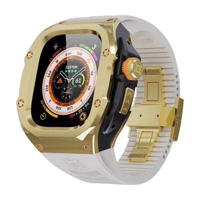 SHELLBOX For Apple Watch Ultra 3 / Ultra 2 / Ultra 49mm Metal Frame Case Smartwatch Strap - Gold+Black+White