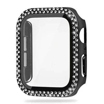 For Apple Watch Series 12 42mm Rhinestone Watch Case with Tempered Glass Screen Protector Hard PC Overall Protective Cover - Black