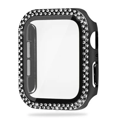 Funda para Apple Watch Series 12 46 mm, carcasa decorada con diamantes, cubierta de policarbonato con cristal templado - Negro