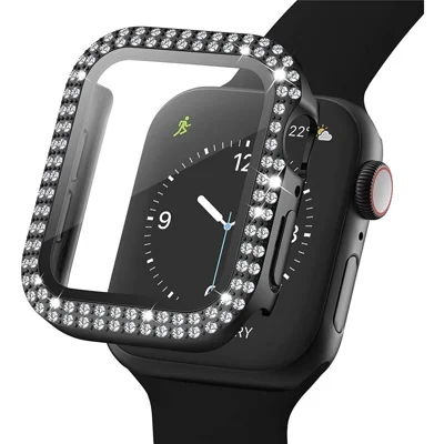 Custodia Cover per Smartwatch con Diamanti Finti e Protettore per Schermo in Vetro Temperato per Apple Watch Series SE3 / SE2 / SE1 / 6 / 5 / 4 44 mm - Nero