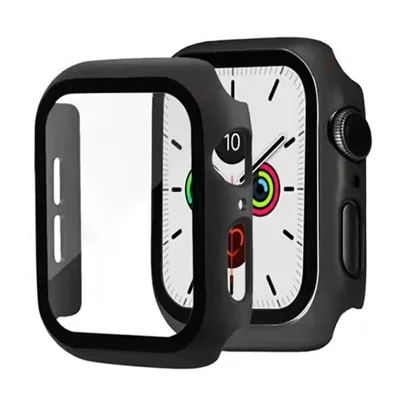 Integriertes Uhrengehäuse aus hartem PC-Rahmen + gehärtetem Glas-Schirmschutz für Apple Watch Series 9 / 8 / 7 41 mm – Schwarz