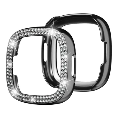 For Fitbit Versa 4 / Sense 2 Two Row Rhinestones Decor Hard PC Smart Watch Case Anti-scratch Protective Frame - Black