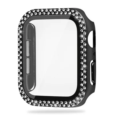 Voor Apple Watch SE3 / SE2 / SE1 / 6 / 5 / 4 40mm Bling Strassstenen Harde PC-Hoes met Gehard Glas Schermbeschermer Geïntegreerde Cover - Zwart