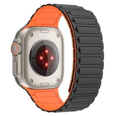 For Apple Watch Ultra 3 2 1 49mm / Series 11 10 46mm / 9 8 7 45mm / SE3 SE2 SE 6 5 4 44mm / 3 2 1 42mm Magnetic Silicone Watch Band - Black Orange