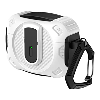 For Apple AirPods Pro Earphone Case PC+TPU Lock Design Headphone Cover with Hanging Hook - Black+White