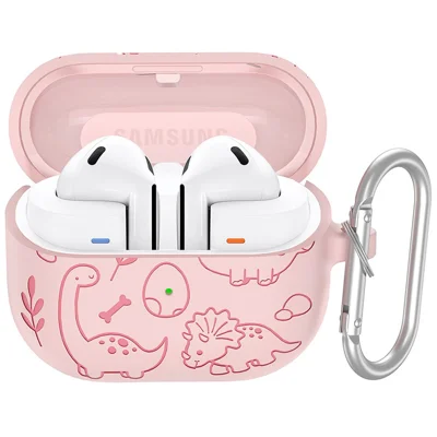 For Samsung Galaxy Buds3 FE / Buds3 Pro / Buds3 Bluetooth-compatible Earphones Cartoon Dinosaur Liquid Silicone Case with Hanging Buckle - Light Pink