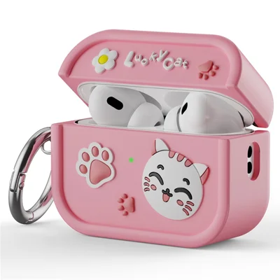 For AirPods Pro 2 Case 3D Cartoon Animals Funny Silicone Earbuds Cover with Carabiner - Pink