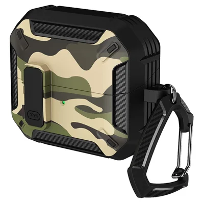 For Samsung Galaxy Buds3 / Galaxy Buds3 Pro TPU + PC Earphone Protective Case Camouflage Earbud Charging Box with Carabiner - Green