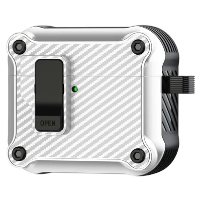 For AirPods 5 / 4 Case TPU+PC Carbon Fiber Texture Bluetooth-compatible Earbuds Cover with Carabiner - White