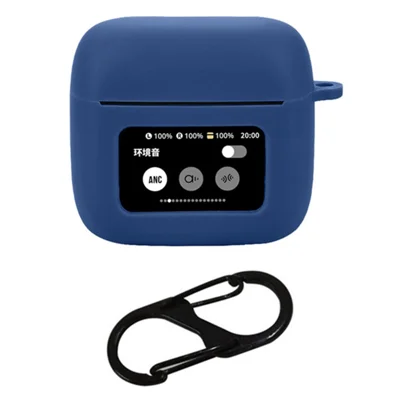 For JBL Tour Pro 3 Bluetooth-compatible Earphones Case Soft Silicone Cover with Anti-Lost Buckle - Dark Blue