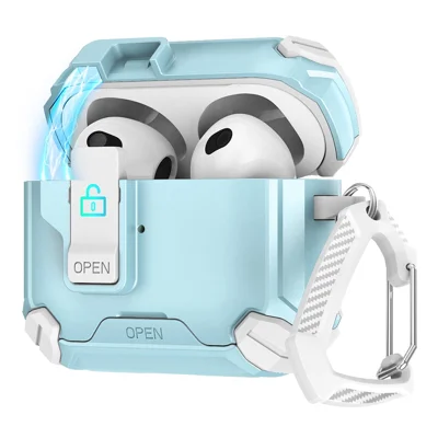 For AirPods Pro 2 Case TPU+PC Compatible with MagSafe Stand Bluetooth-compatible Earbuds Cover with Carabiner - Baby Blue  /  White