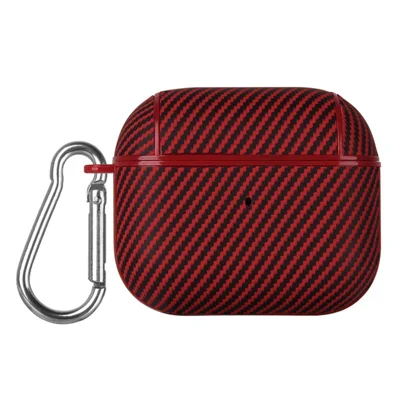 For Apple AirPods 3 Protective Cover Carbon Fiber Texture Earbuds PU Leather PC Hard Case with Hook - Red