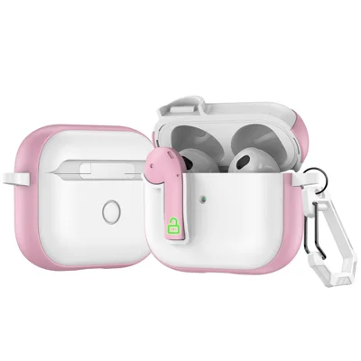 For Apple AirPods 3 Case Colorful Lock Buckle Shockproof TPU + PC Earphone Cover with Carabiner - White  /  Pink