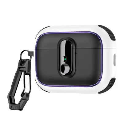 For Apple AirPods Pro Case Armor Electroplated TPU + PC Earphone Cover with Lock Buckle and Carabiner - Black  /  White