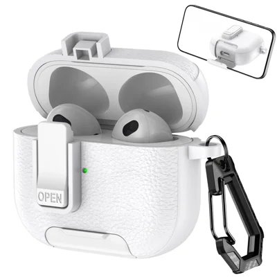 For Apple AirPods 3 Protective Case with Stand Litchi Texture Leather TPU + PC Earphone Cover with Lock Buckle and Carabiner - White