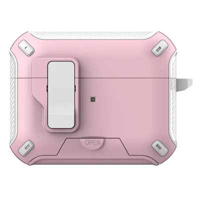 For Apple AirPods Pro Magnetic Case with Stand TPU + PC Earphone Cover with Switch and Carabiner - White  /  Pink