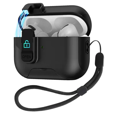 For Apple AirPods Pro Protective Case Splicing Color Earphone Cover with Auto Pop-Up Magnetic Lid  /  Lanyard - Black