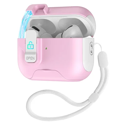 For AirPods Pro 2 Protective Case Splicing Color Earphone Cover with Auto Pop-Up Magnetic Lid  /  Lanyard - White  /  Pink