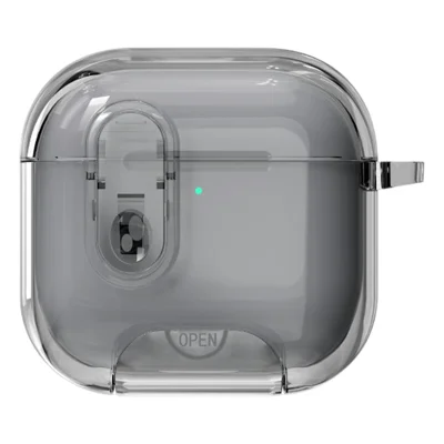 For AirPods 5 / 4 Case TPU + PC Shockproof Earbuds Cover with Switch  /  Stand  /  Carrying Hook - Transparent Grey