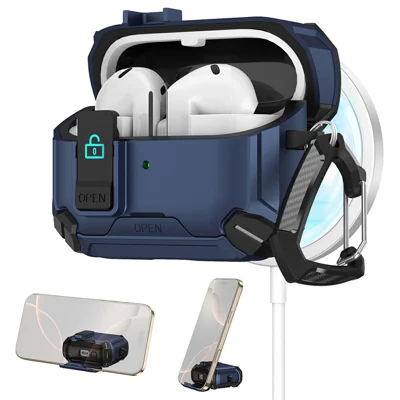 For Samsung Galaxy Buds3 Pro  /  Buds3 Case TPU + PC Magnetic Case Stand Bluetooth-Compatible Earbuds Cover with Carabiner - Black  /  Dark Blue